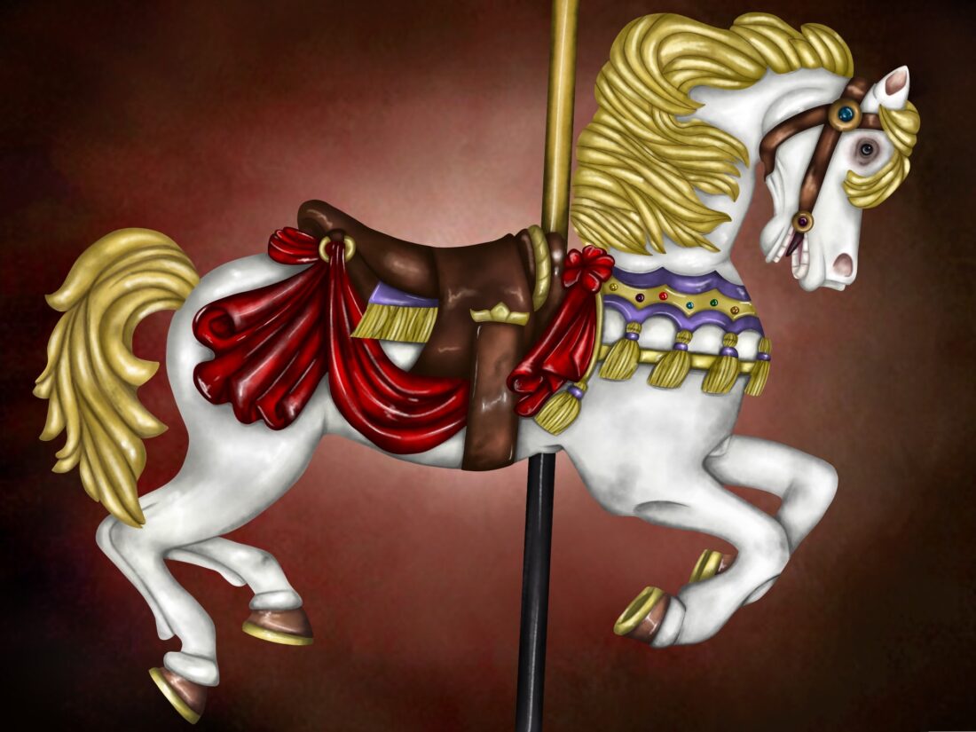 A white carousel horse with a gold mane and colorful details stands on a pole, evoking K-12 online learning magic.