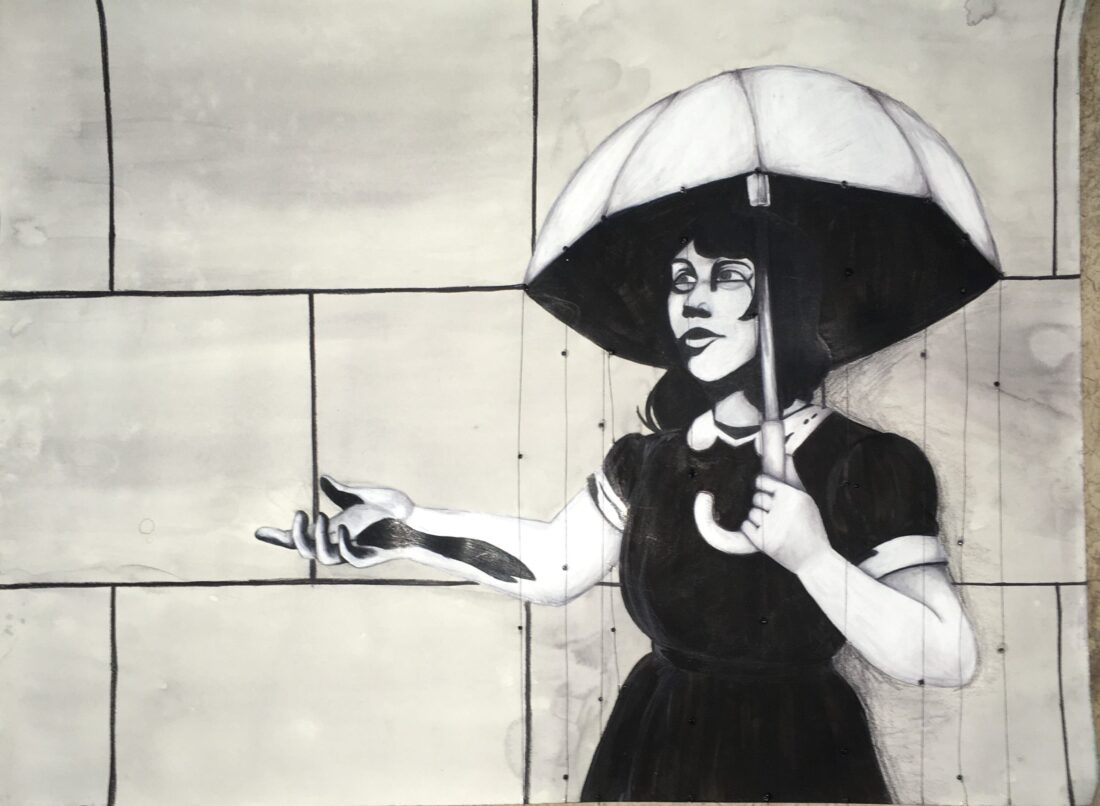 A woman in a dark dress with an umbrella reaches for rain in a black and white illustration, symbolizing online learning.