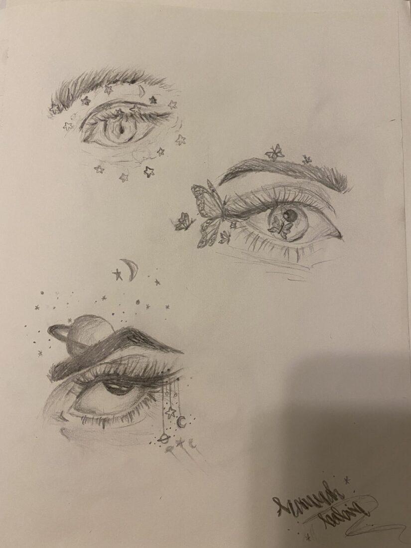 Pencil sketches show three eyes, each with unique details: stars, a butterfly, and a planet—ideal for student inspiration.