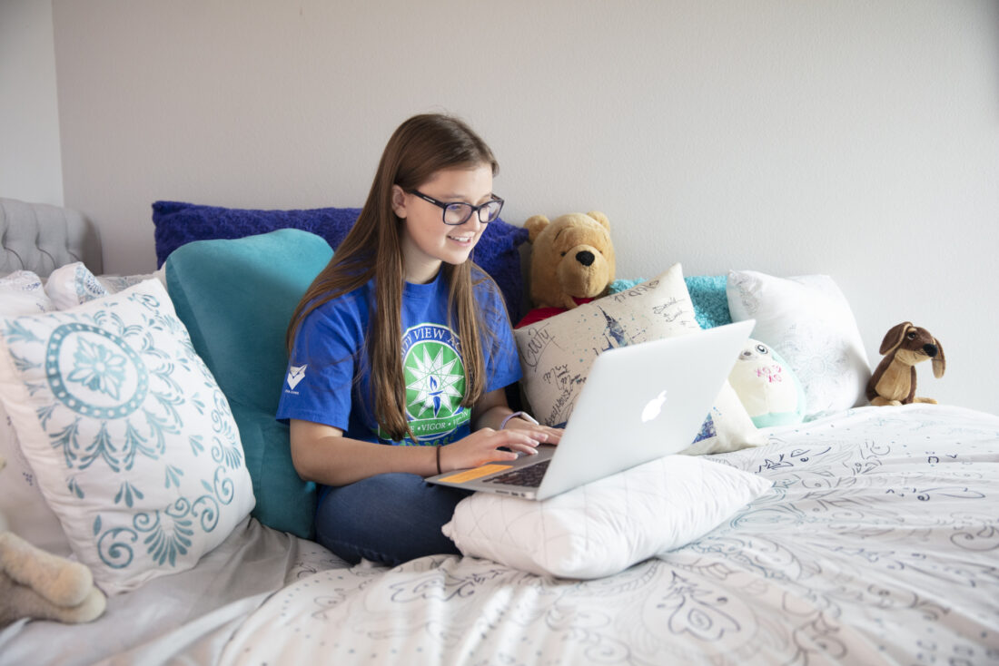 A middle school student at her computer.