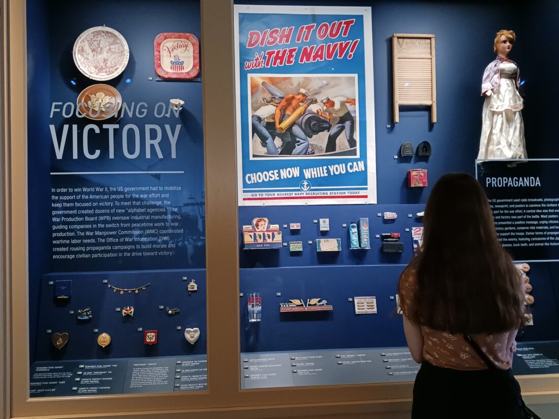 A girl facing a museum display.