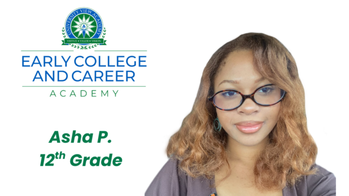 Portrait of Asha Picou. UVA's Early College and Career Academy logo is above her.