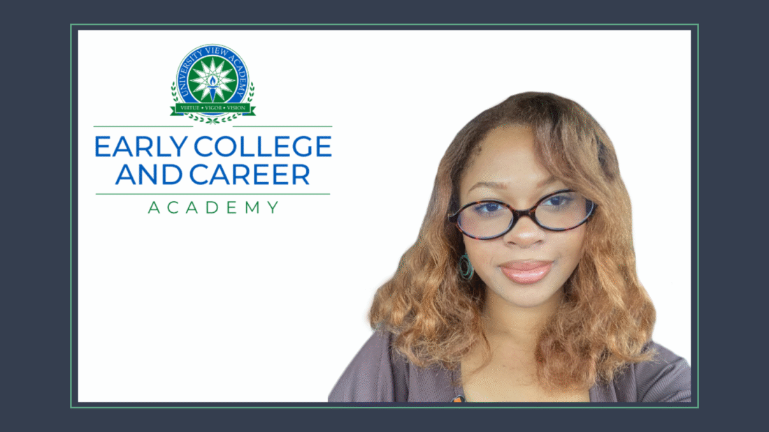 Portrait of Asha Picou. UVA's Early College and Career Academy logo is above her.