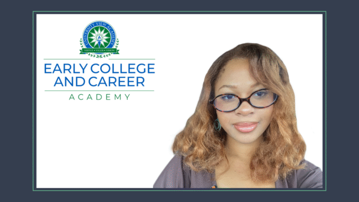 Portrait of Asha Picou. UVA's Early College and Career Academy logo is above her.