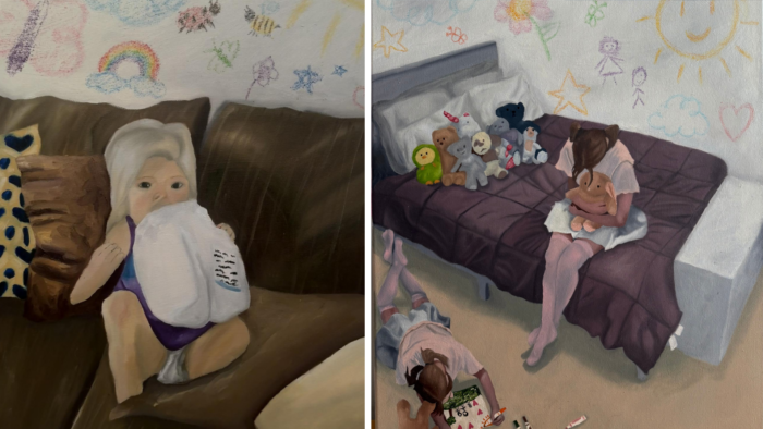 Left image: Lanie Kilpatrick, "Empty Rooms Teach Loud Lessons." A young child alone on a couch drinks from a jug of milk. Right image: Lanie Kilpatrick, "Dressed in Memories Too Small to Fit." A teenage girl hugs a stuffed animal alone on a bed while a younger girl plays alone on the floor.