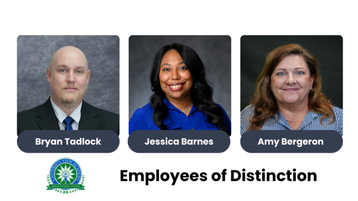 Left to right: portraits of Bryan Tadlock, Jessica Barnes, and Amy Bergeron. A banner at the bottom reads "Employees of Distinction."