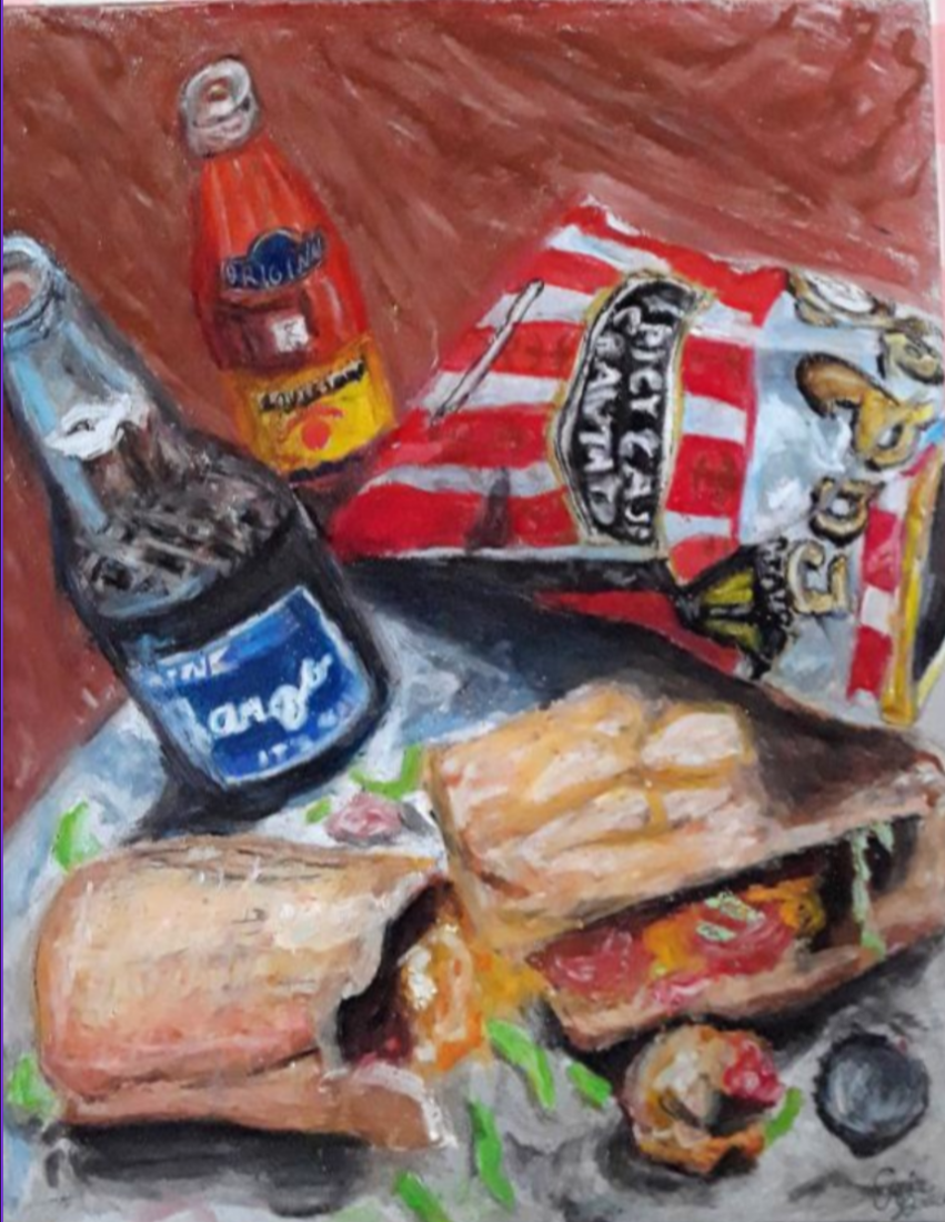 Evie Parks' "The Cajun Way," a colorful painting of muffulettas, a bag of chips, and other items.