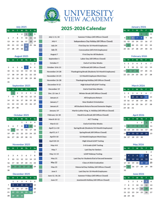 2025-2026 UVA Academic Calendar showing key dates, holidays, and office closures within monthly grids.