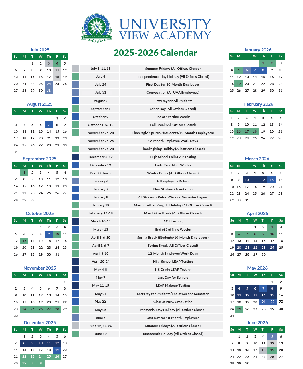 Academic Calendar - University View Academy - Online K-12