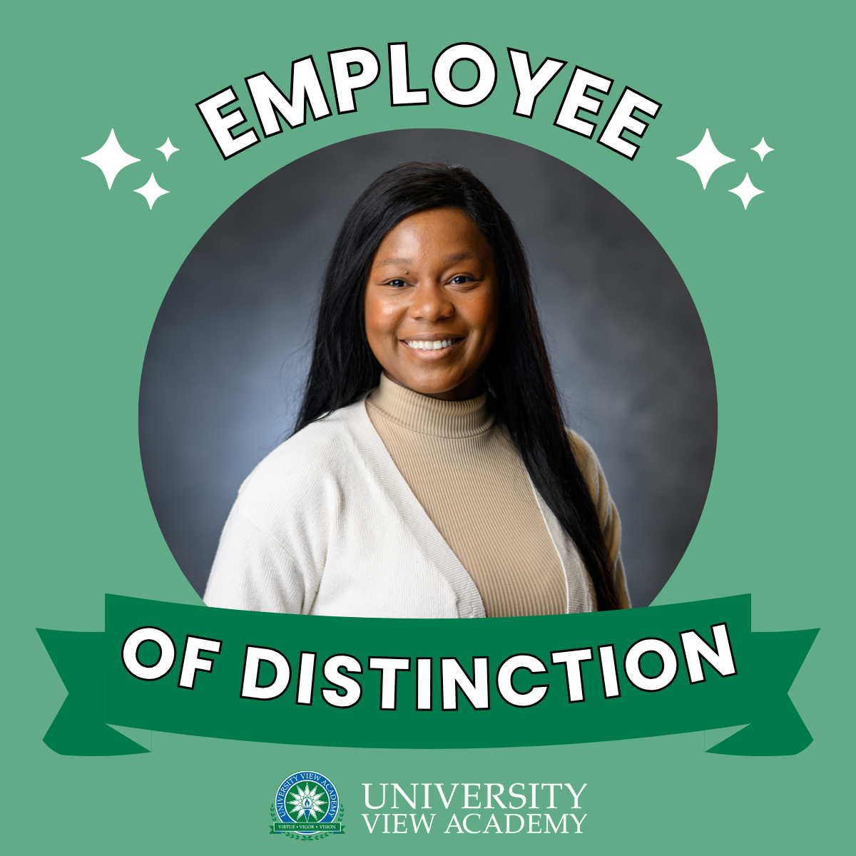 Square graphic with text that reads "employee of distinction" wrapped around a circular frame. Within the frame is Brittney Brumfield's headshot. University View Academy logo is at the bottom.