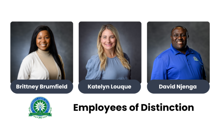 Left to right: portraits of Brittney Brumfield, Katelyn Louque, and David Njenga. A banner at the bottom reads "Employees of Distinction."