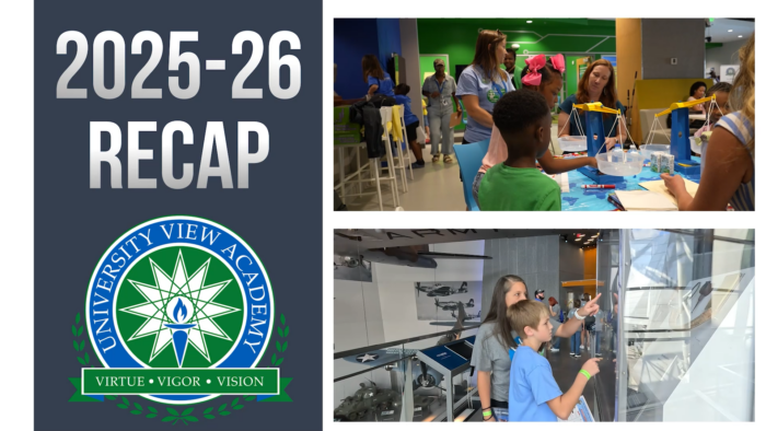 Collage featuring “2025–26 Recap,” University View Academy logo, and students in classroom and museum scenes.