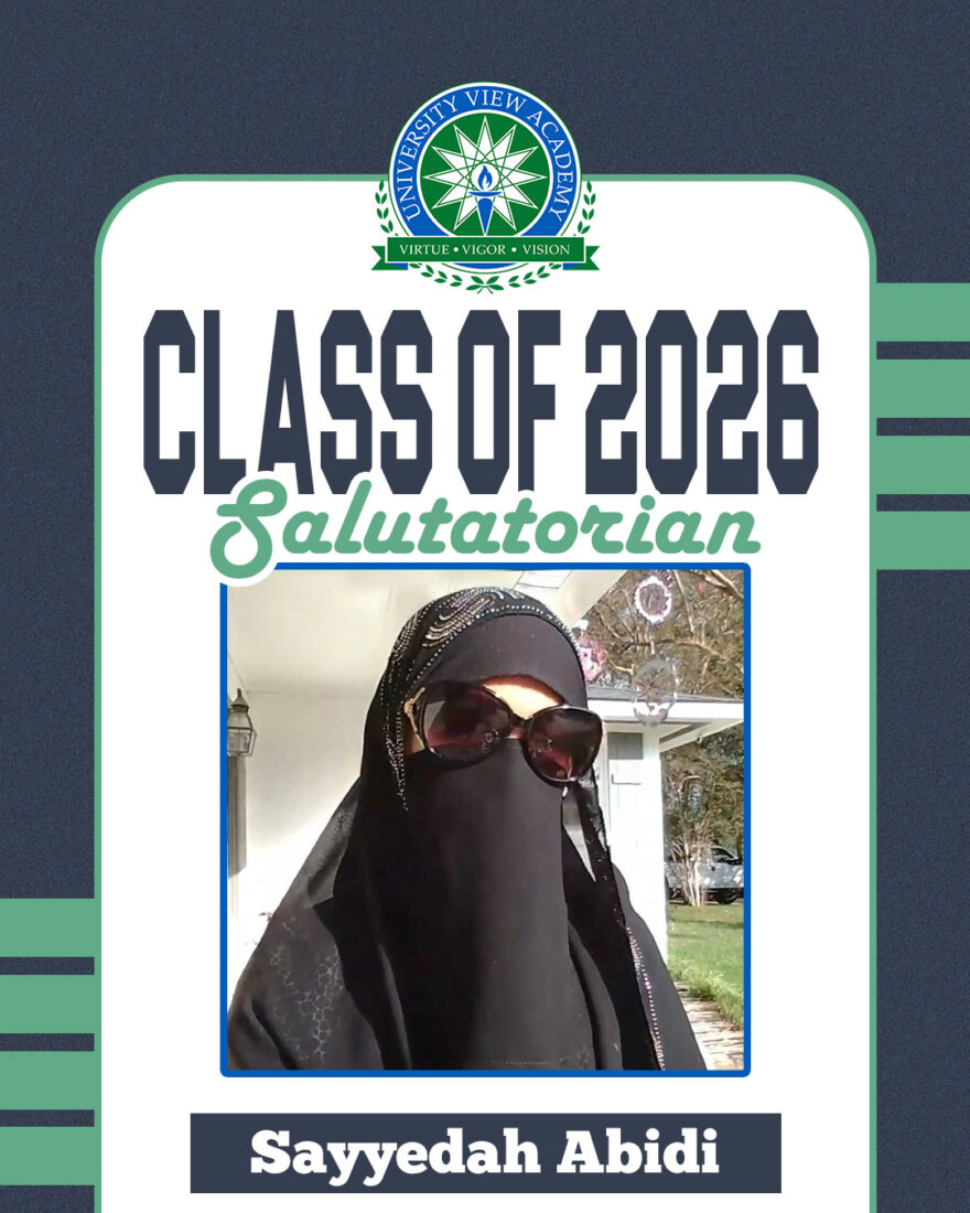 Sayyeda Abidi, wearing a black niqab and sunglasses, appears under "Class of 2026 Salutatorian.