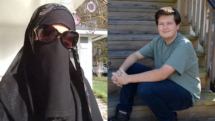 A person in a black niqab and sunglasses stands outside, while another in a green shirt and jeans sits on wooden steps.