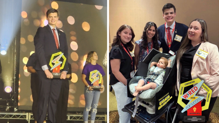 A young man holds a trophy on stage; later, he stands with three other students by a baby doll in a high-tech car seat with a trophy at a conference.