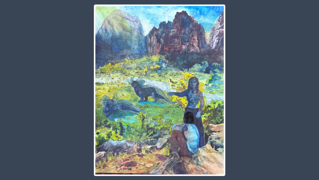 A woman gestures toward a dinosaur-filled landscape; Meche’s art beautifully celebrates nature and creativity.