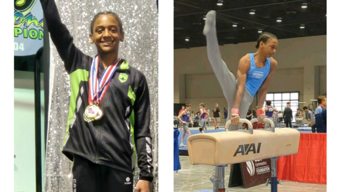 Josiah Jordan wearing medals alongside him performing on a pommel horse.